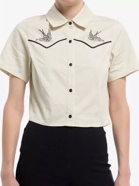 Social Collision Western Swallow Bird Girls Crop Woven Button-Up
